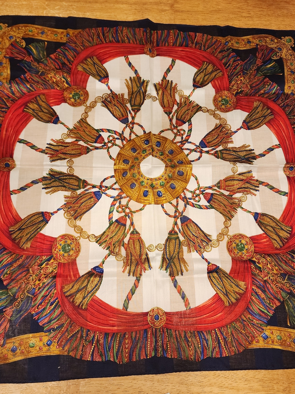 vintage Celine navy, red, and gold baroque tassel print handkerchief